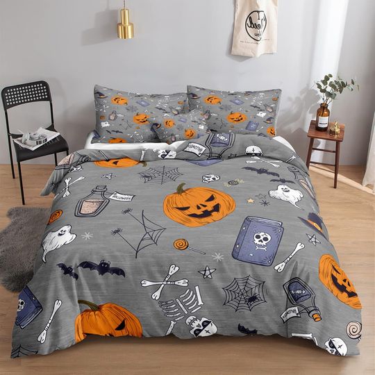 Discover Grey Halloween Pumpkin Bedding Sets Funny Pumpkin Bat Printed Halloween Bedding Sets