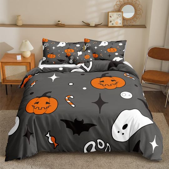 Discover Pumpkin Cartoon HalloweenBedding Sets, Ghost Bats Candy Pattern Gray Halloween Bedding Set