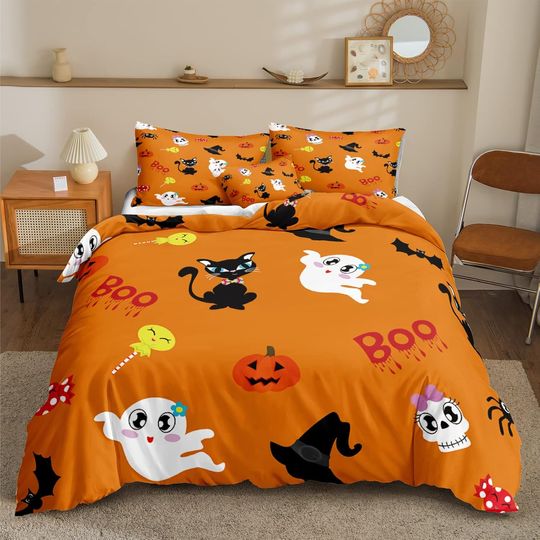 Discover Halloween Bedding Orange Girls Cartoon Ghost Witch Hat Pumpkin Printed Funny Ghost Bedding Sets