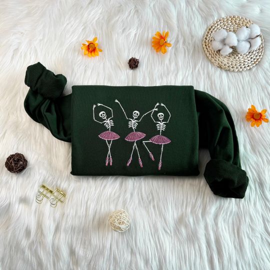 Discover Halloween Dancing Skeleton Embroidered Sweatshirt, Pink Dress Embroidered Sweatshirt