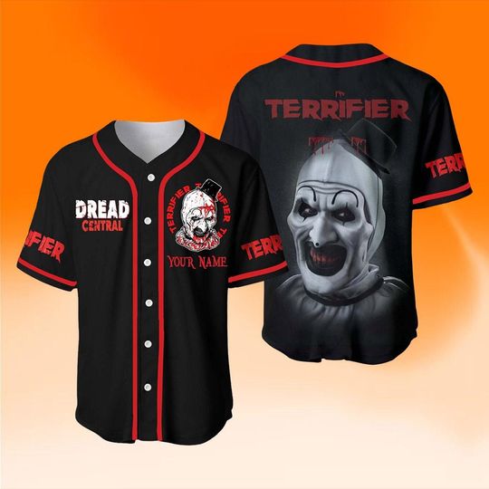 Discover Terrifier Shirt, Hell On Shirts Terrifiers Baseball Jersey, Dread Central Shirt, Scary Clown Baseball Shirt, Halloween Jersey, Hallowee