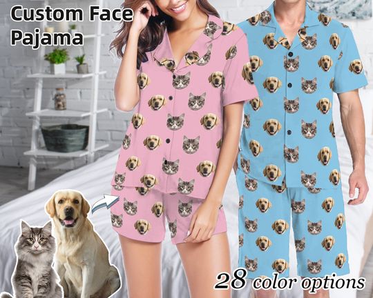 Discover Custom Cat Dog Faces Women Men Short Sleeve Pajama Set Personalized Funny Your Photo on Pet Lovers PJs Birthday