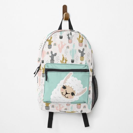 Discover Cute Llama and Cactus Bag with Mint Background Backpack