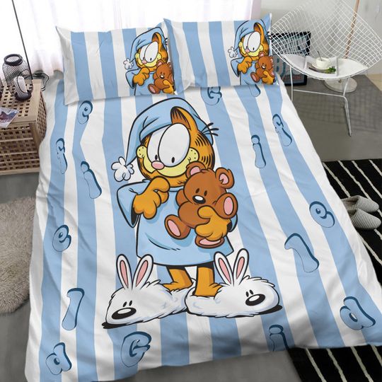 Discover GARFIELD Cartoon Striped Print Blue Bedding Set
