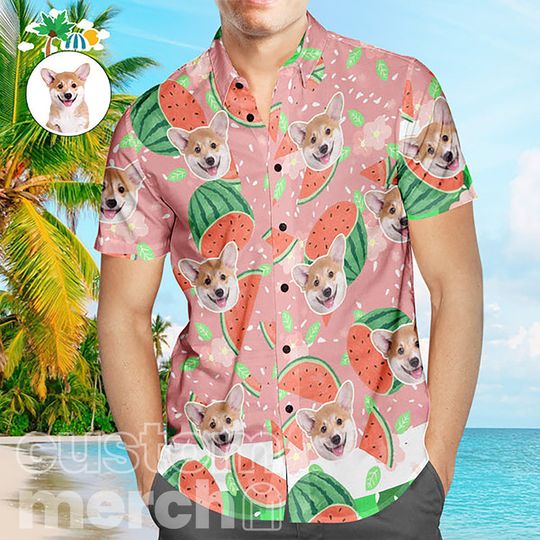 Discover Custom Face Hawaiian Shirt Cartoon Watermelon Men's Popular All Over Print Hawaiian Beach Shirt Holiday Gift