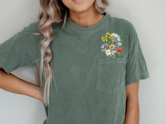 Discover Wildflower pocket Embroidered Pocket Tees