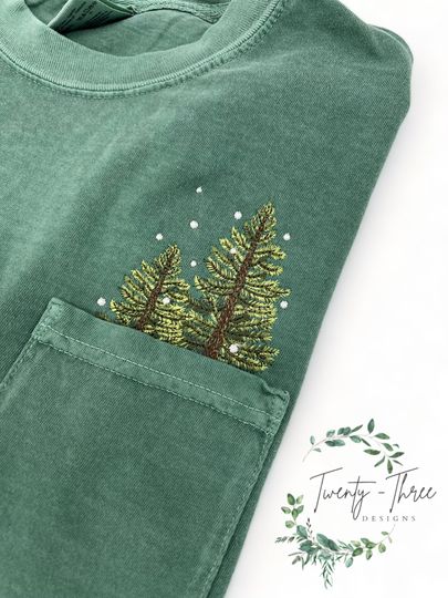 Discover Embroidered winter trees long sleeve, embroidered trees, Pocket t-shirt