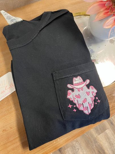 Discover Embroidered Halloween Pocket Tee, Halloween Boo Embroidered Pocket Tees