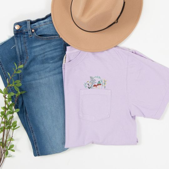 Discover Cottagecore Pocket Peeker Tee | Wildflower & Frog Embroidery |  | Embroidered Pocket T-Shirt