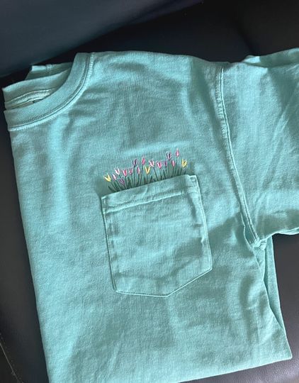 Discover pocket tshirt tulips, embroidered flower shirt, gift for her, plant lover