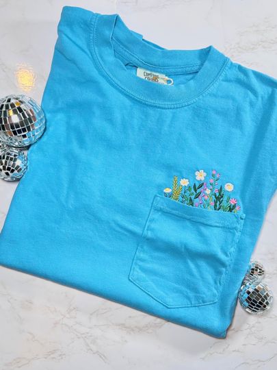 Discover Blue T-shirts - Embroidered T-Shirt - Embroidered Apparel - Spring Apparel - Pocket Tee - Flowers T-shirt