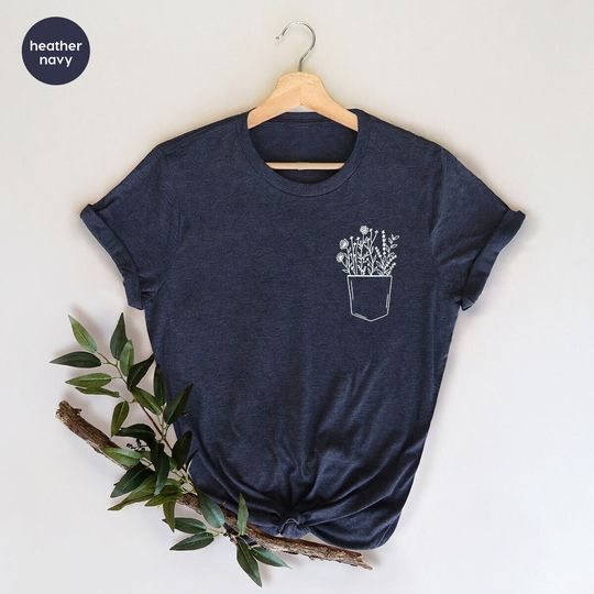 Discover Embroidered Pocket Flower Shirt, Pocket Plant Tee, Botanical Shirt