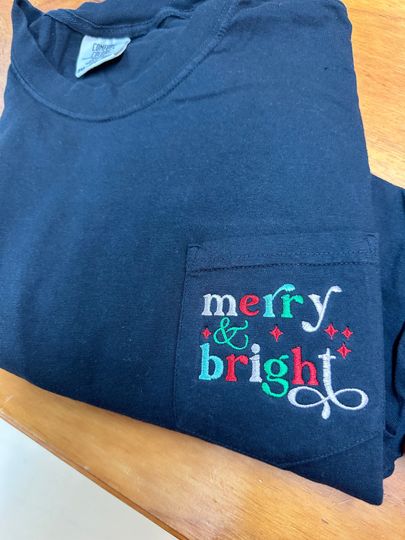 Discover Merry & Bright, Christmas Shirt, Unisex SHORT Sleeve , Embroidered Pocket T-Shirt