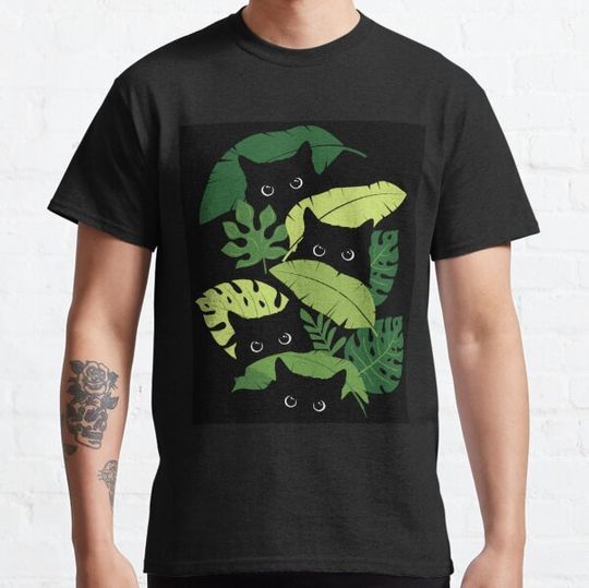 Black Cats Peeking From Tropical Leaves Floral