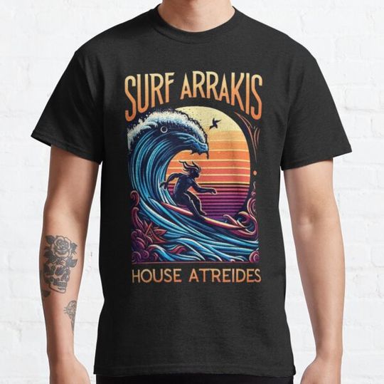 Discover Explore Arrakis - Classic Surf Inspired T-Shirt - Sand Dunes - Traditional Sci-Fi - Blue Bird