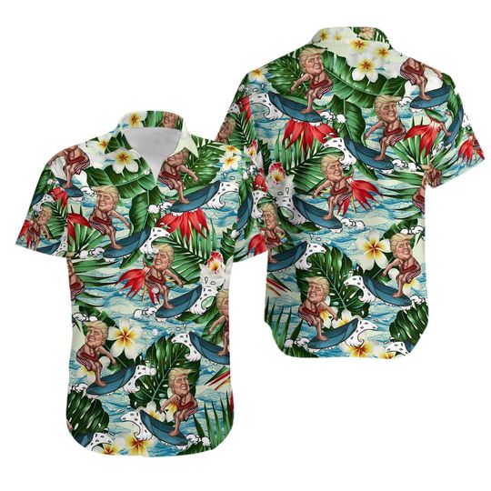 Discover Funny Trump Surfing Floral Tropical Leaves Summer Vibes Hawaiian Shirt