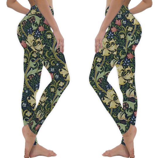 Discover William Morris Golden Lily Charcoal Black Olive Floral Pattern Leggings