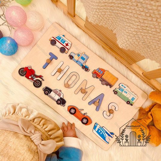 Discover Personalized Baby Name Puzzle, Traffic Wooden Puzzle, Vehicle Puzzle Piece Names