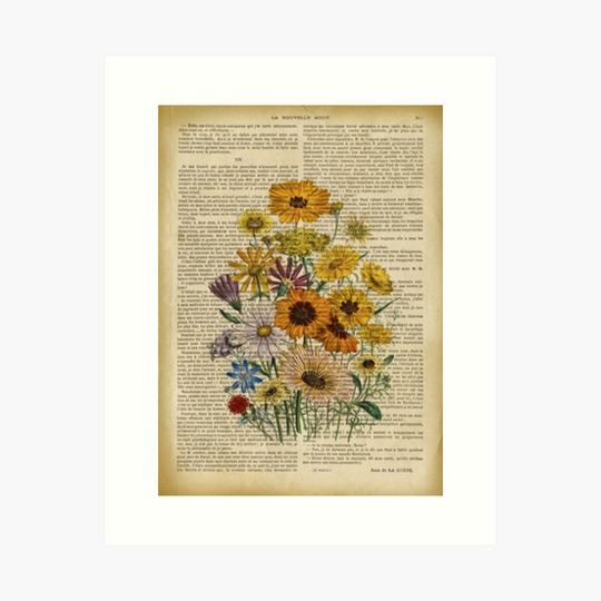 Discover Botanical print, on old book page - Garden flowers
