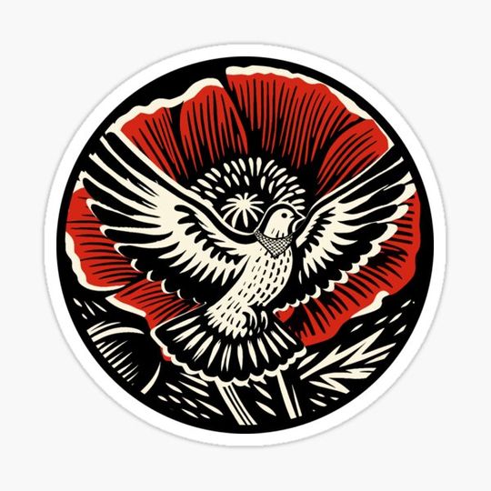 Discover Palestine Peace Dove Wearing Keffiyeh Over Poppy Woodcut