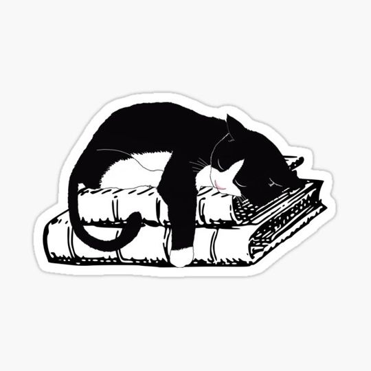 Discover Tuxedo Cat Sleeping on Books - Realistic Cat Lover Sticker