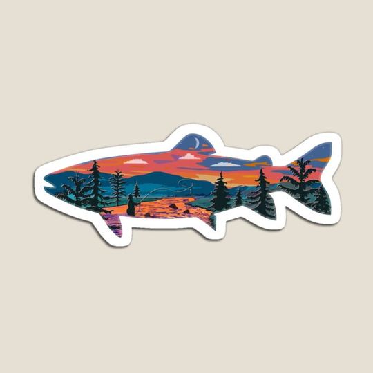 Discover Trout Silhouette Fly Fishing Mountain Sunset River Stream Art