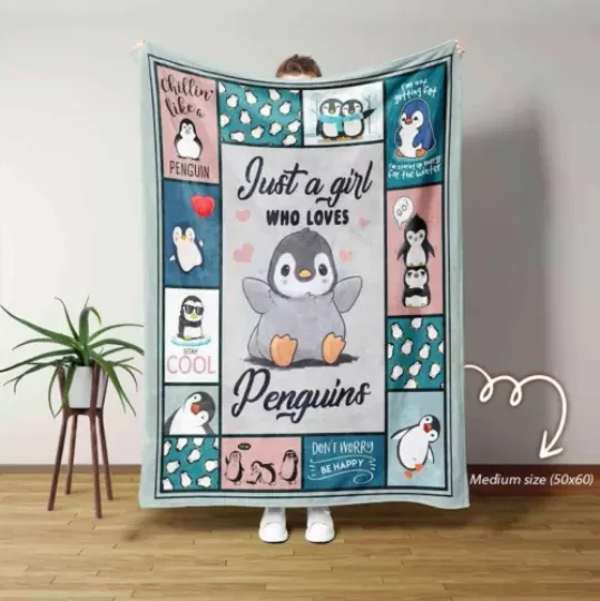 Discover Personalized Cute Penguin Fleece Sherpa Blanket, Custom Name Gift for Daughter
