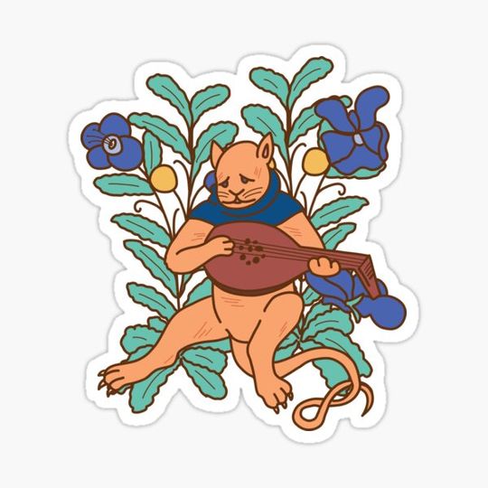 Discover Cute Sad Medieval Cat with Lute Colorful Drawing