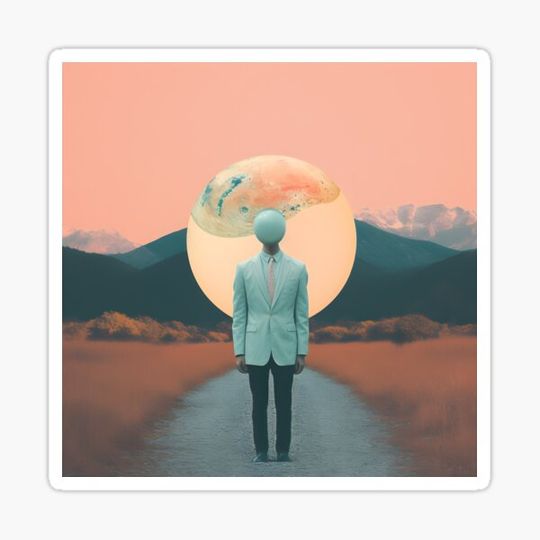 Discover Surreal Landscape with Moon-Headed Figure