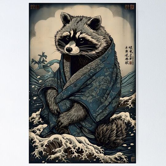 Discover Raccoon and Waves - Traditional Japanese Ukiyoe Painting