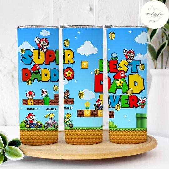 Discover Personalized Super Daddio Game Tumbler, Custom Kids Name Super Mario Dad Gifts, Father's Day Gift, Best Dad Ever Family Gift