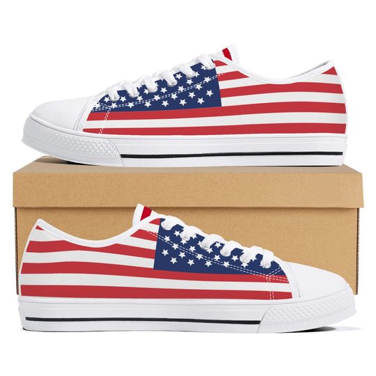 Discover Patriotic US Flag All Over Print Shoes, Red White Blue Sneakers, Stars and Stripes Footwear