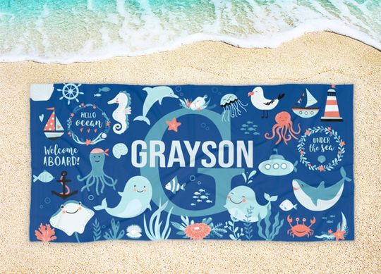 Discover Personalized Sea Animal Beach Towel with Name, Lightweight, Absorbent, Multi Purpose