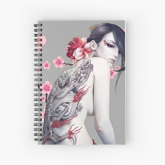 Discover Classic style Asian female with a dragon tattoo and flowers on her back.