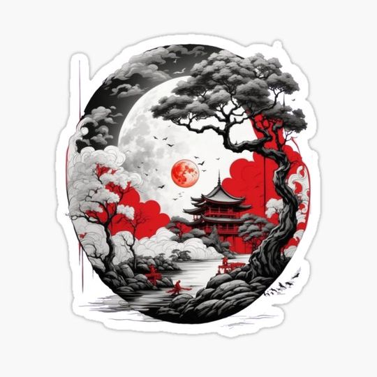 Discover Asian Serenity: Moonlit Trees in Red, White, and Black