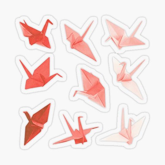 Discover Origami Paper Cranes ~ Colorful Pastel Transparent Sticker Sheet Bundle Pack ~ Collection Set 15~ Red Pink Peach Coral Orange