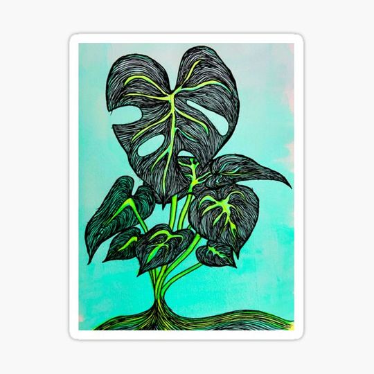 Discover Neon Aqua Leafy Monstera Plant Line Art