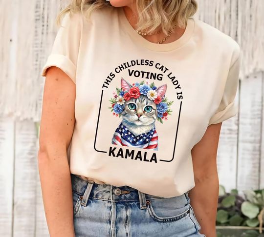 Discover Kamala Harris President 2024 Shirt, Childless Cat Lady Shirt, Kamala Rally Tee