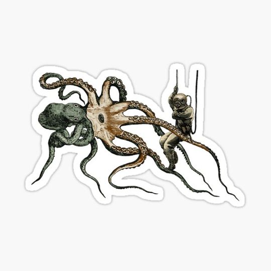 Discover Vintage Diver with Diving Helmet and a Giant Octopus