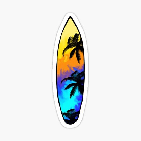Discover Surfboard with sunset and palm trees