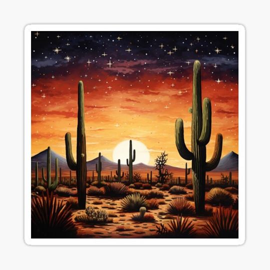 Discover Starry Desert Night: Vibrant Cactus Sunset