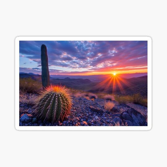 Discover Vibrant sunset over a desert with cacti