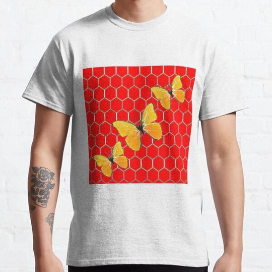 Discover THREE YELLOW BUTTERFLIES ON RED-GOLDEN HONEY COMB PATTERN,