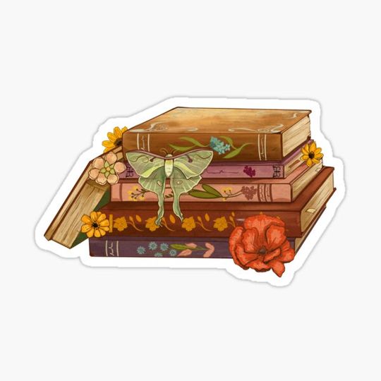Discover Flowers growing from vintage book with perched lunar moth: Dark purple background