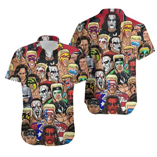 Discover Wrestling Character Collage Art Hawaiian Shirt, Short Sleeve Hawaii Shirt