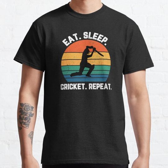Discover Eat Sleep Cricket Repeat Sunset White Text