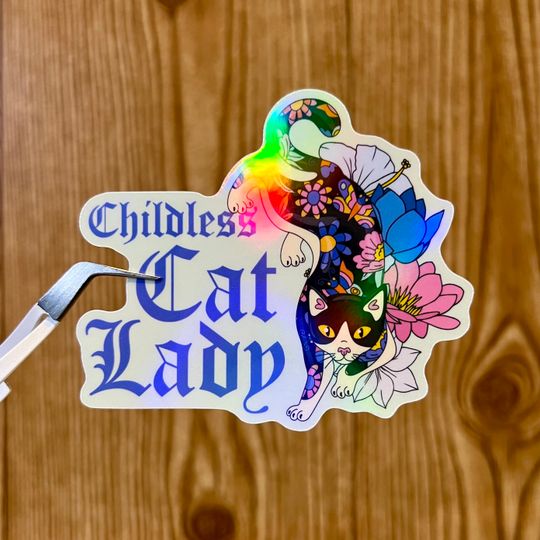 Discover Childless Cat Lady Glossy Vinyl Sticker - rainbow holographic tattoo