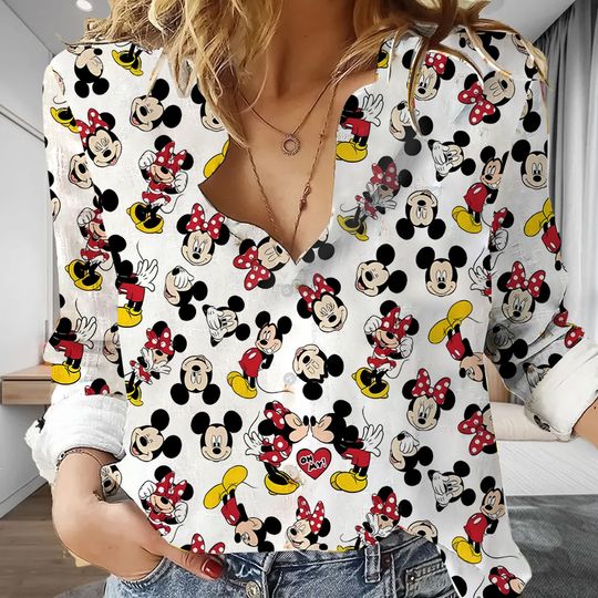 Discover Mouse Linen Shirt, Cute Mouse Button Down Womens Blouses