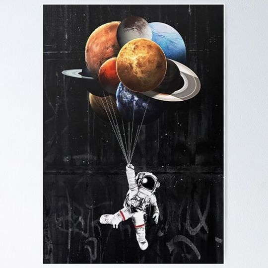 Discover astronaut flying with planets