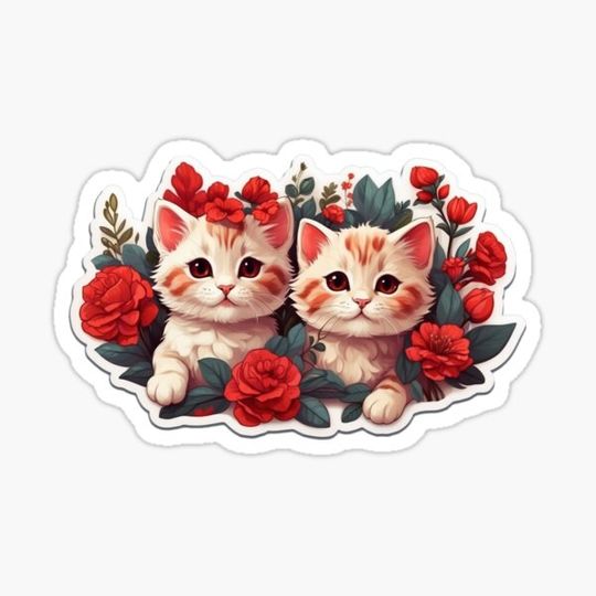 Discover Cute Street Cats with red flowers design drawing stickers